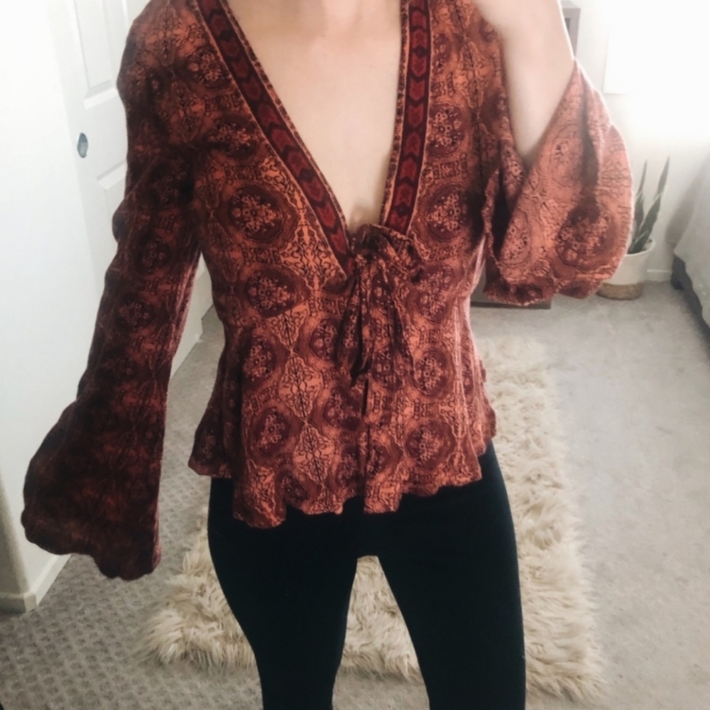 Free People Rust Paisley Tie-Front Blouse